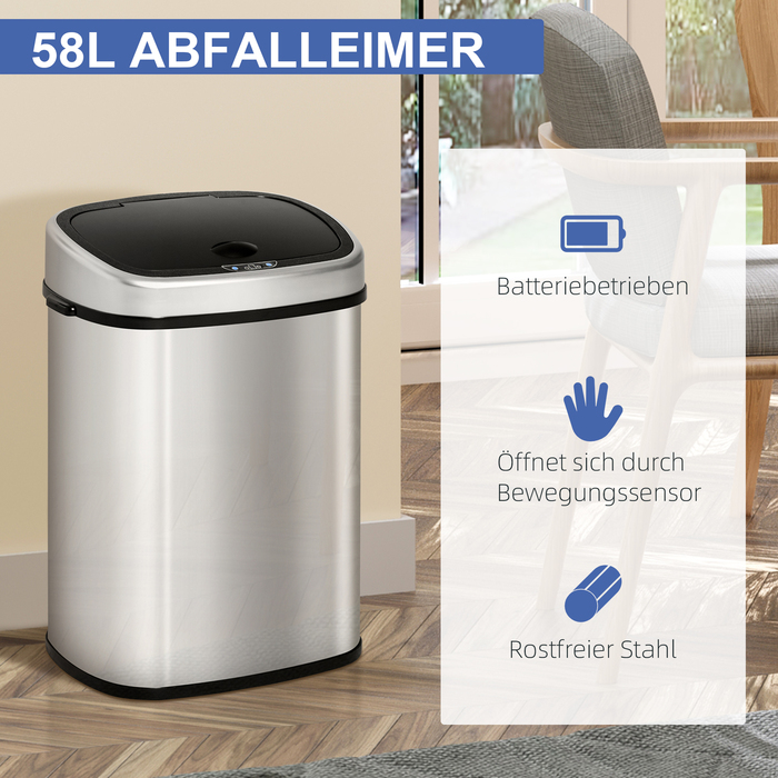HOMCOM 58L Automatic Trash Can with Infrared Sensor, Hygienic, Large, Stainless Steel Silver, L40.9 x B28.9 x H68 cm