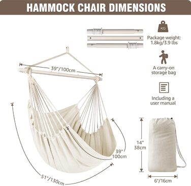 Chihee Hanging Chair Rocking Chair Hammock Chair Large Hanging Seat Patio Lawn Relaxing Cotton Fabric for High Comfort and Durability Perfect for Indoor/Outdoor Use Bedroom Terrace Yard Garden (Cream White)