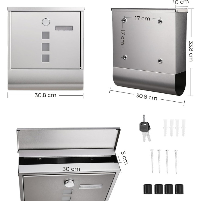 Поштова скринька SONGMICS з замком, оглядовим вікном та відділенням для газет, сіра (GMB20AG) - 10x30.8x33.8 см
