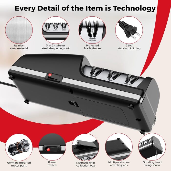 Професійний електричний точило для ножів | Змінні насадки | 100% алмазний абразив, прецизійна система нахилу, підходить для заточування ножів з двостороннім та хвилястим лезом, чорний