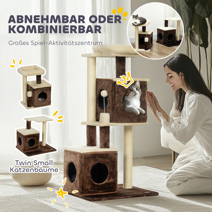 PawHut Дряпка для котів 107 см, котячий комплекс з котячою печерою, ліжком, іграшковим м'ячиком, котячий дряпка-столб з сизалевими дряпальниками, для котів до 5 кг, Темно-коричневий | Aosom