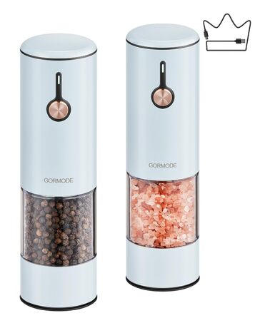 Електричні млини для солі та перцю 2 шт. з USB-зарядкою, 6-ступеневий помел, LED-підсвічування, антиковзне покриття та захист від пилу – кухонні помічники (Morning Haze)