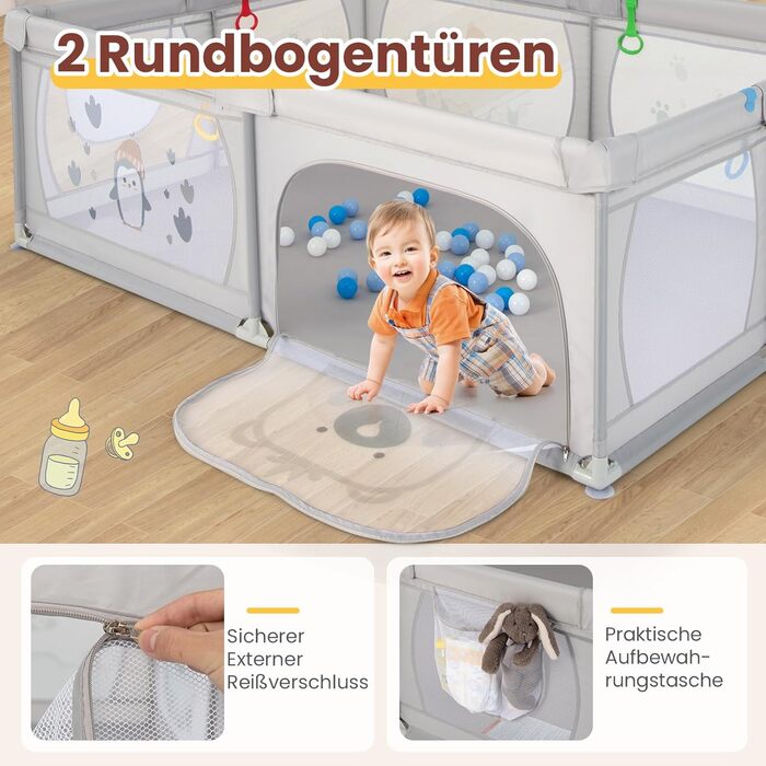 DREAMADE 200 x 140 cm Baby Playpen, Playard with 50 Balls & Carry Bag, Crawling Gate for Indoor & Outdoor Use (Grey-Penguin, without mattress) Grey-Penguin without mattress