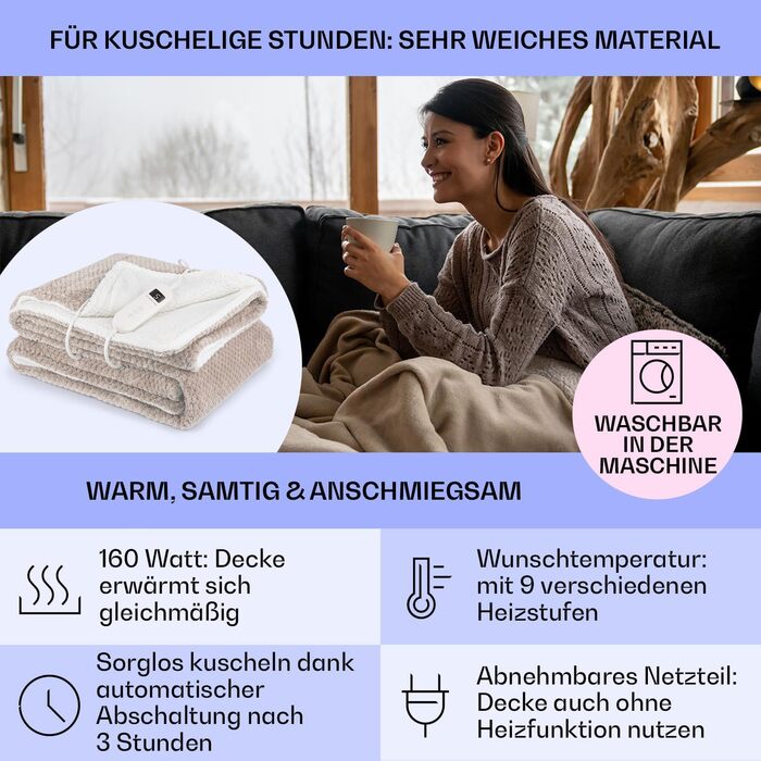 Електрична ковдра Klarstein XL з автовимкненням, 180x130 см. Тепла та комфортна ковдра для ліжка та дивана, 9 рівнів нагріву, машинне прання, двостороння, пісочний колір