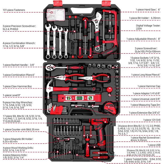 Акумуляторна дриль-шуруповерт DEKO 12V: набір інструментів 238 шт. з акумулятором для дому, ремонту та рукоділля (червоний)