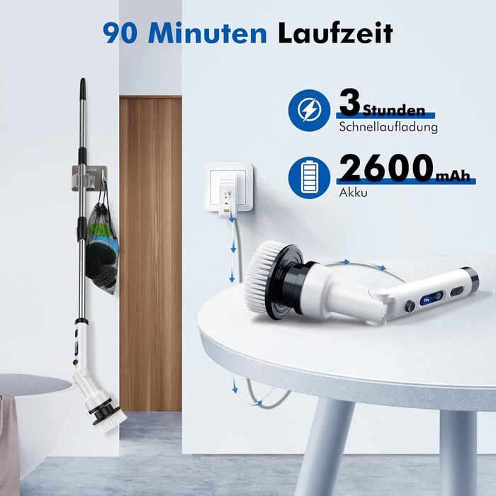 ETENTOUS Electric Cleaning Brush with 8 Replacement Brush Heads, Electric Spin Scrubber with 3 Modes, Power Scrubber with 37-140cm Adjustable Handle for Bathroom, Kitchen, Car, and Floor