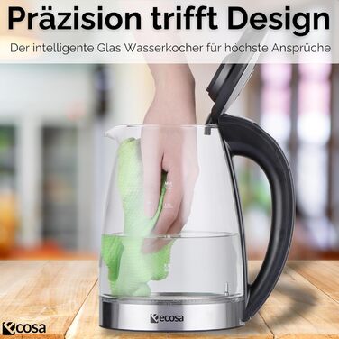 Електричний чайник Ecosa® зі скляною колбою та нержавіючою сталлю, 1,8 л, 2200 Вт, регулювання температури 40°C-100°C, з підігрівом, LED-підсвічуванням, BPA Free