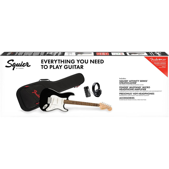Squier Stratocaster E-Gitarre Affinity Series™ Black Micro Pack з аксесуарами та Fender Play.