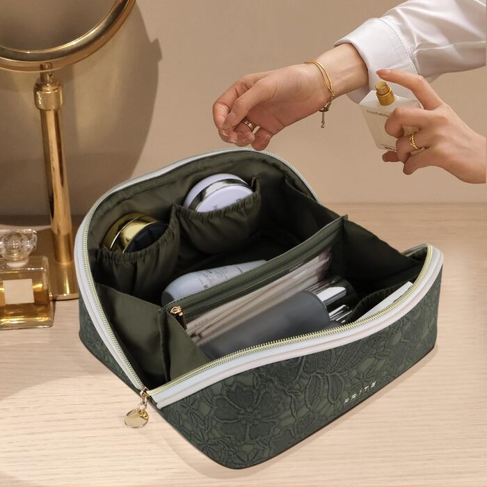 Косметичка для подорожей великого об'єму з прозорими перегородками, зелена квітка, водонепроникна, з PU-шкіри