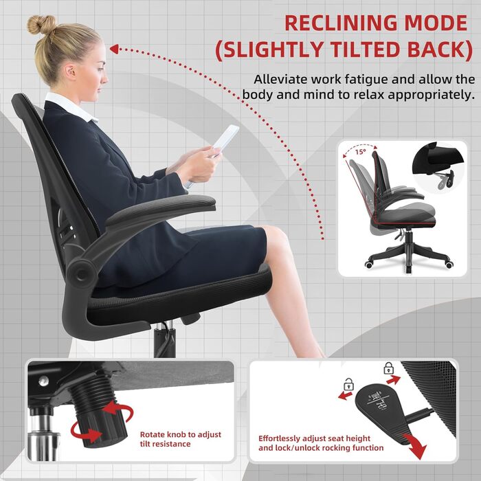 Ергономічне крісло для офісу з регульованою поперековою підтримкою, відкидні підлокітники 90°, дихаюча сітчаста оббивка, регульована висота та функція пересування для дому та офісу, чорне