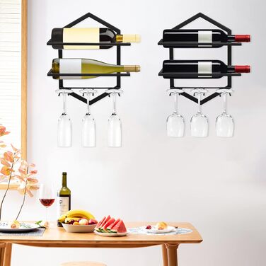 Giyiprpi Metal Wall-Mounted Wine Rack, Hanging Wine Glass Holder Organizer for 2 Bottles and 3 Glasses Included, Wine Shelf Red Wine Shelf for Home Kitchen Bar Display Decor (Black 2) (Black A1)