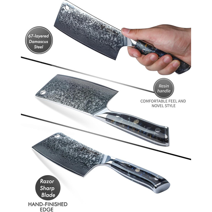 Ніж кухарський SANMUZUO Hackmesser 17 см, професійний, Дамаск, серія Xuan, VG10 сталь, ручка з епоксидної смоли (сапфірово-синій)