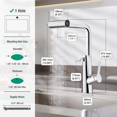 Кран кухонний водопровідний CREA Wasserfall висувний з дозатором мила, нержавіюча сталь, 360° обертання, 4 режими, хром