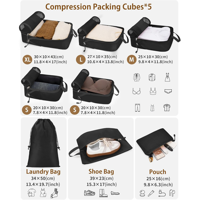 Органайзери для валізи Anjing Compression Cubes - 10 шт., компресійні кишені для подорожей, сірий колір