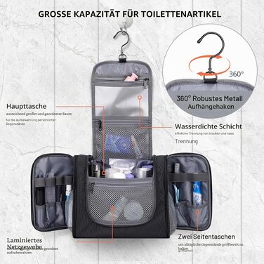 Чоловіча дорожня косметичка WITZMAN (B690 Чорна) — велика водонепроникна сумка для гігієни та аксесуарів з підвісом, унісекс