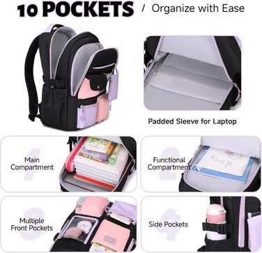 Шкільний рюкзак Tanou для дівчаток: великий, з тканини Oxford, з багатьма відділеннями, чорно-фіолетовий