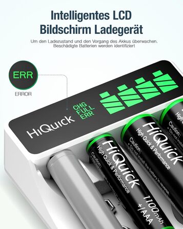 Швидкий зарядний пристрій HiQuick з LCD-дисплеєм для акумуляторів NI-MH NI-CD AA/AAA, 4 слоти, універсальний, для перезаряджуваних акумуляторів Mignon AA та Micro AAA
