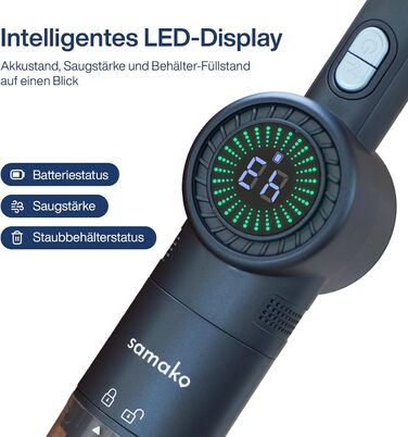 Samako Акумуляторний пилосос NanoDetect Pro 13,5 кПа з LED-дисплеєм, ультралегкий (0,85 кг), HEPA-фільтр, для дому, авто та дивана