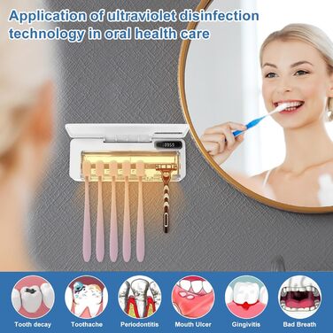 UV Toothbrush Sanitizer with 6 Toothbrush Brush Slots, UV Disinfection Toothbrush Holder with Drying, 2000mAh USB Rechargeable Toothbrush Sanitizer Holder Wall Mounted with 3 Modes for Bathrooms (White)