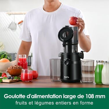 Fretta Slow Juicer with 108 mm Opening & 1L Capacity, Juicer for Vegetables and Fruits - Test Winner, 200W Electric Juice Press with Cold Press, Easy Cleaning and Quiet Motor, BPA-free (Black, 1L) 1L Black