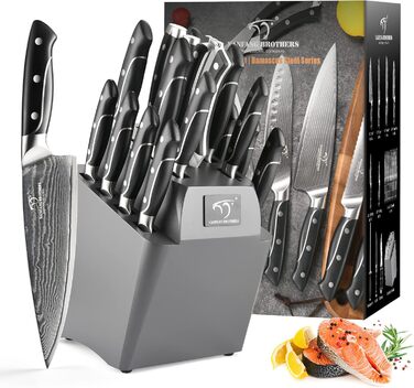 NANFANG BROTHERS 18-Piece Damascus Kitchen Knife Set with Hammered Handles & Wood Block - Premium Sharp Steel Blades