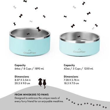 Нержавійна чаша для собак та котів GrandTies, гравіювання, багаторазове використання, BPA-free, ізольована, велика (1890 мл), колір: Powder Green