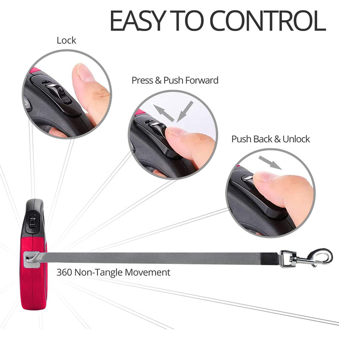 Рулетка для собак CFMOUR, 5 м, до 20 кг, червона, міцна, висувна, для собак маленьких та середніх порід, з нейлоновою стрічкою, стопорним механізмом та замком, бонус - кликер для дресирування