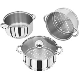 Пароварка з нержавіючої сталі Judge Essentials, 3 рівня, 22 см, з кришкою із скла та отвором для випаровування, універсальна каструля для індукційних плит і духовки, розмір 24.4x28.1x30.4 см