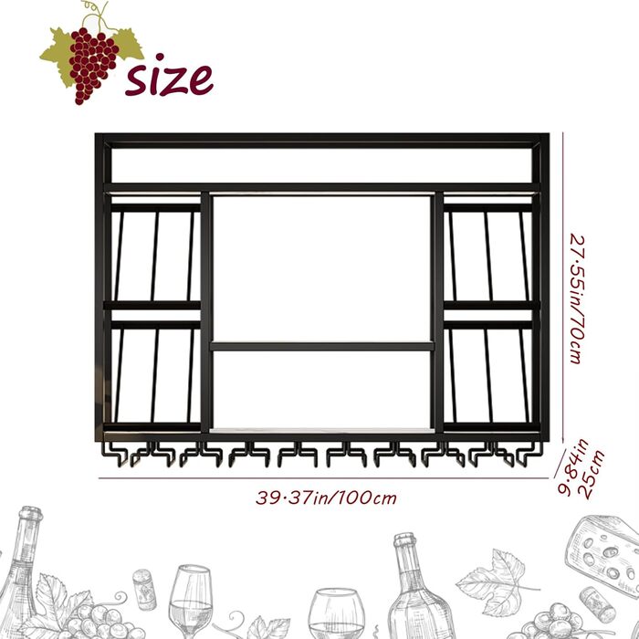Настінна вітрина для вина з тримачем для келихів, 3-ярусна, металева вітрина в стилі рустік для напоїв, для домашнього бару, зберігання вина на кухні (Чорний, 100см)