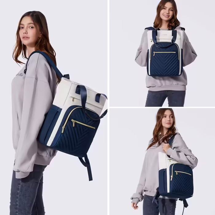 LOVEVOOK Handbag Backpack Women 2 in 1 Laptop Backpack Women with Laptop Compartment School Backpack Girls Teenagers Casual Daypacks Waterproof City Backpack for University, School, Travel, Work (17.3 inch, Beige Dark Blue)