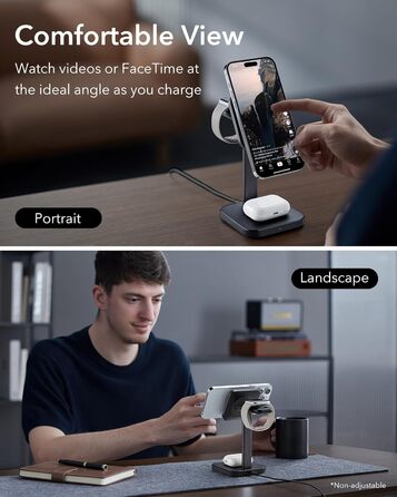 Зарядний станція 3-в-1 ESR MagSafe для Apple Watch та iPhone, білий/чорний, сумісна з iPhone 17/16/15/14/13/12, Apple Watch 9/8/7/6/5/4/3/2/SE та AirPods 4/3/2/Pro