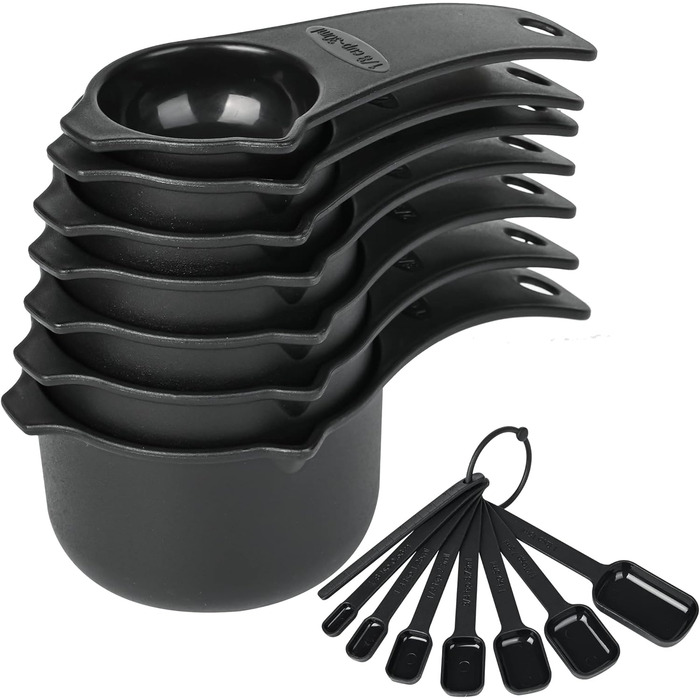 Black Measuring Cup and Spoon Set, 15 Pieces, Plastic, BPA-Free, Stackable, for Baking and Cooking