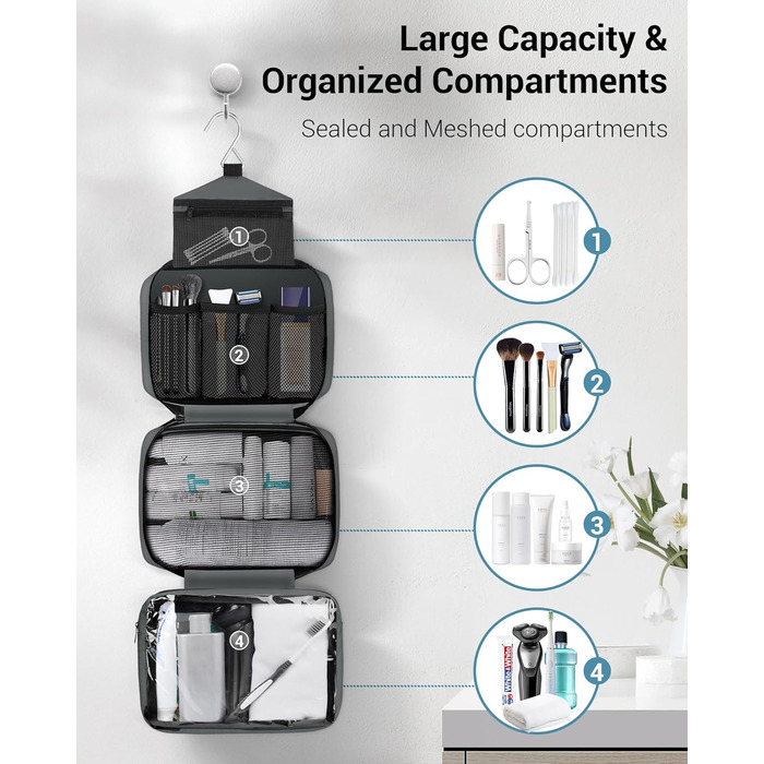Сумка для туалетних аксесуарів Maliton: велика водонепроникна сумка-органайзер для подорожей, спорту та басейну | 4 відділення | Складана та компактна (Сірий)