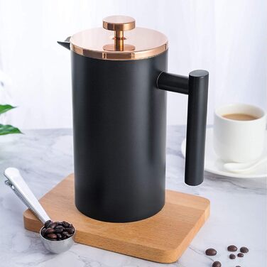 French Press MaxMiuly: Френч-прес для кави, 0.65 л, 3 чашки, нержавіюча сталь, термоізольований, чорний