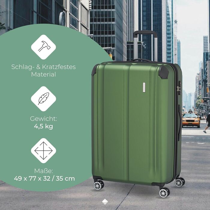 Чемодан Travelite CITY з жорстким корпусом, розширюваний, 77 см, 113-124 л, зелений, з TSA замком