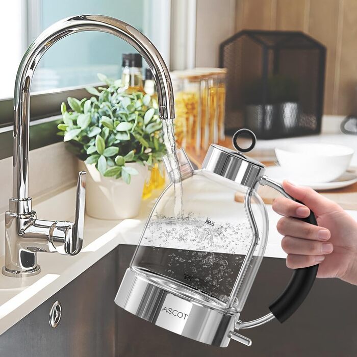 Електричний чайник зі скла ASCOT, 2200W, 1.5L, без BPA, тихий, з функцією автоматичного відключення та захистом від сухого кипіння, білий (сріблястий)