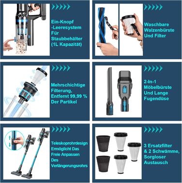 Бездротовий акумуляторний пилосос, потужний 70 хв/45KPA/550W з LED-дисплеєм, антизаплутуванням, детекцією бруду, для килимів, шерсті тварин та твердих поверхонь