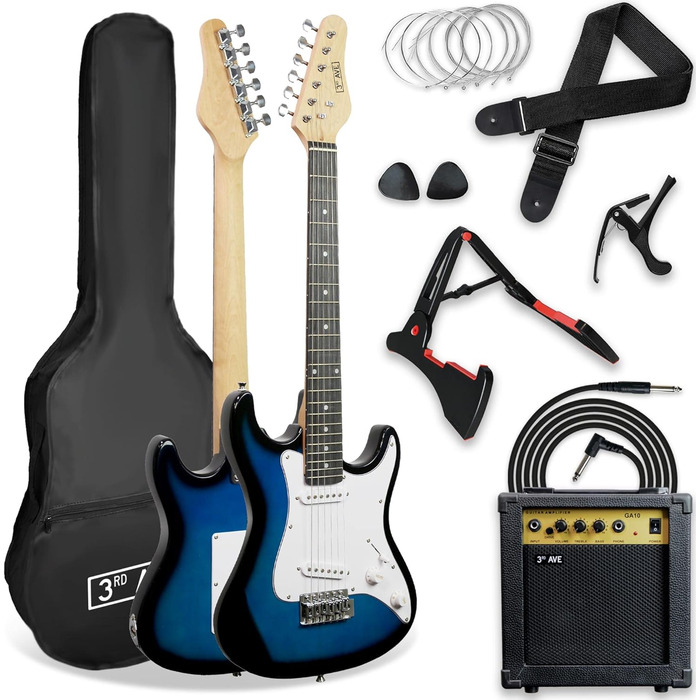 Електрогітара 3/4 розміру 3rd Avenue XF Ultimate Kit з підсилювачем 10W, тюнером, кабелем, стійкою, Gigbag, ременем, запасними струнами, медіаторами, каподастром - Початковий набір, блакитний