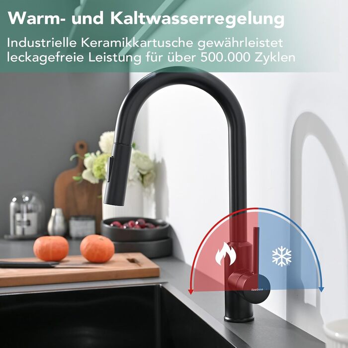 Змішувач кухонний з висувною лійкою та душем, 360° поворот, 2 режими, нержавіюча сталь, чорний