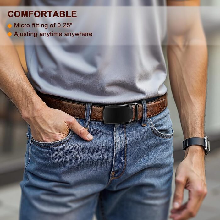 Чоловічий шкіряний ремінь KEMISANT з автоматичною пряжкою, 35 мм, без дірок, регульований розмір 115 см (32'-38'), темно-коричневий