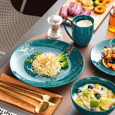 LOVECASA Набір посуду з порцеляни Sweet 16, 48-елементний сервіз, посуд для їжі з золотим декором, для 4-12 осіб, бірюзовий колір