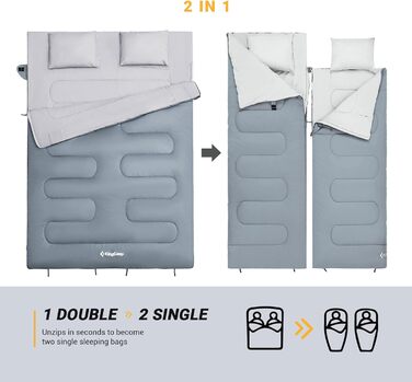 KingCamp Double Sleeping Bag - Winter Adult Sleeping Bag for 2 People with Carry Bag - Outdoor Camping (Gray)