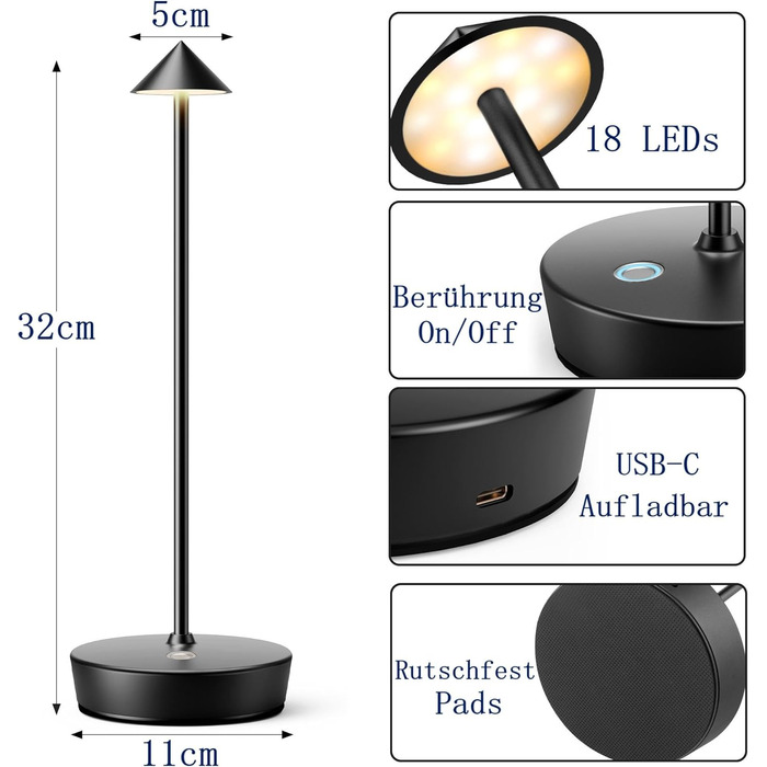 Бездротова LED лампа для кемпінгу та дому: настільна, нічна, на батареї, IP54, 6000mAh, чорна (2 шт.)