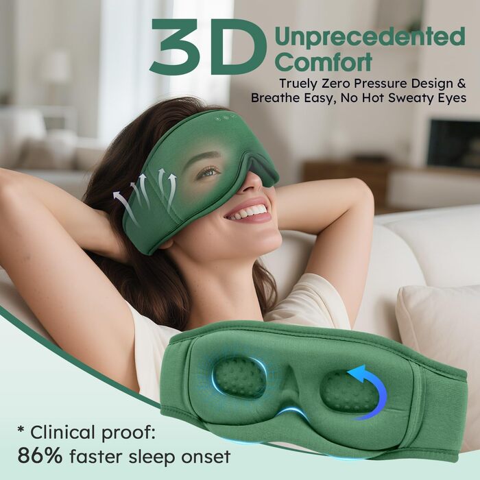 Маска для сну Dolida з Bluetooth навушниками, 3D бамбукова маска для очей для жінок та чоловіків, з мікрофоном, зелена
