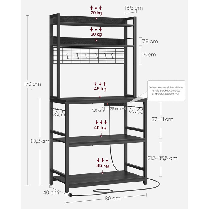 Стелаж кухонний VASAGLE з розетками, для мікрохвильової печі, з решіткою, 14 гачків, 40 x 80 x 170 см, антрацит-чорний