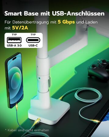Кронштейн для двох моніторів ARES WING (17-49 дюймів) з USB, вертикальна установка один над одним, регулювання висоти, VESA 75/100, до 20 кг на плече, білий