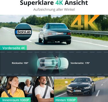 Відеореєстратор автомобіля BOTSLAB 4K 3-канальний з паркуванням, GPS, WiFi та SD-картою 128GB