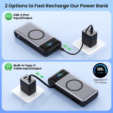Потужний зовнішній акумулятор Power Bank 40800mAh з бездротовою зарядкою 15W, швидкою зарядкою PD 25W та QC4.0, USB-C, 4 виходи для iPhone 17/16/15/14, Samsung Galaxy S25 та Android