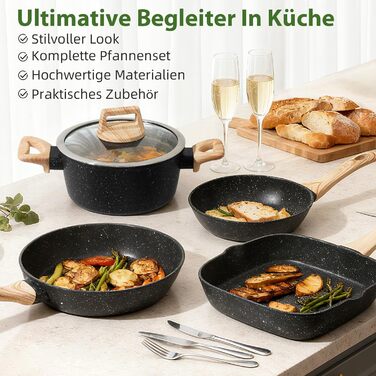 Набір каструль та сковорідок GMISUN 11 предметів з нержавіючої сталі, індукційне дно, для всіх типів плит, без PFOA/PFOS, чорний