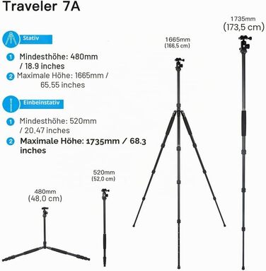 Алюмінієвий штатив SIRUI Traveler 7A з панорамною кульковою головою та підтримкою Arca Swiss, висота 164 см, навантаження 10 кг